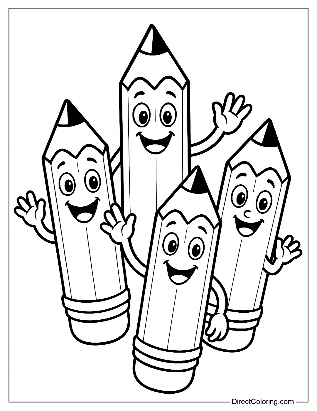 a coloring page of cartoon pencils with happy faces waving goodbye.